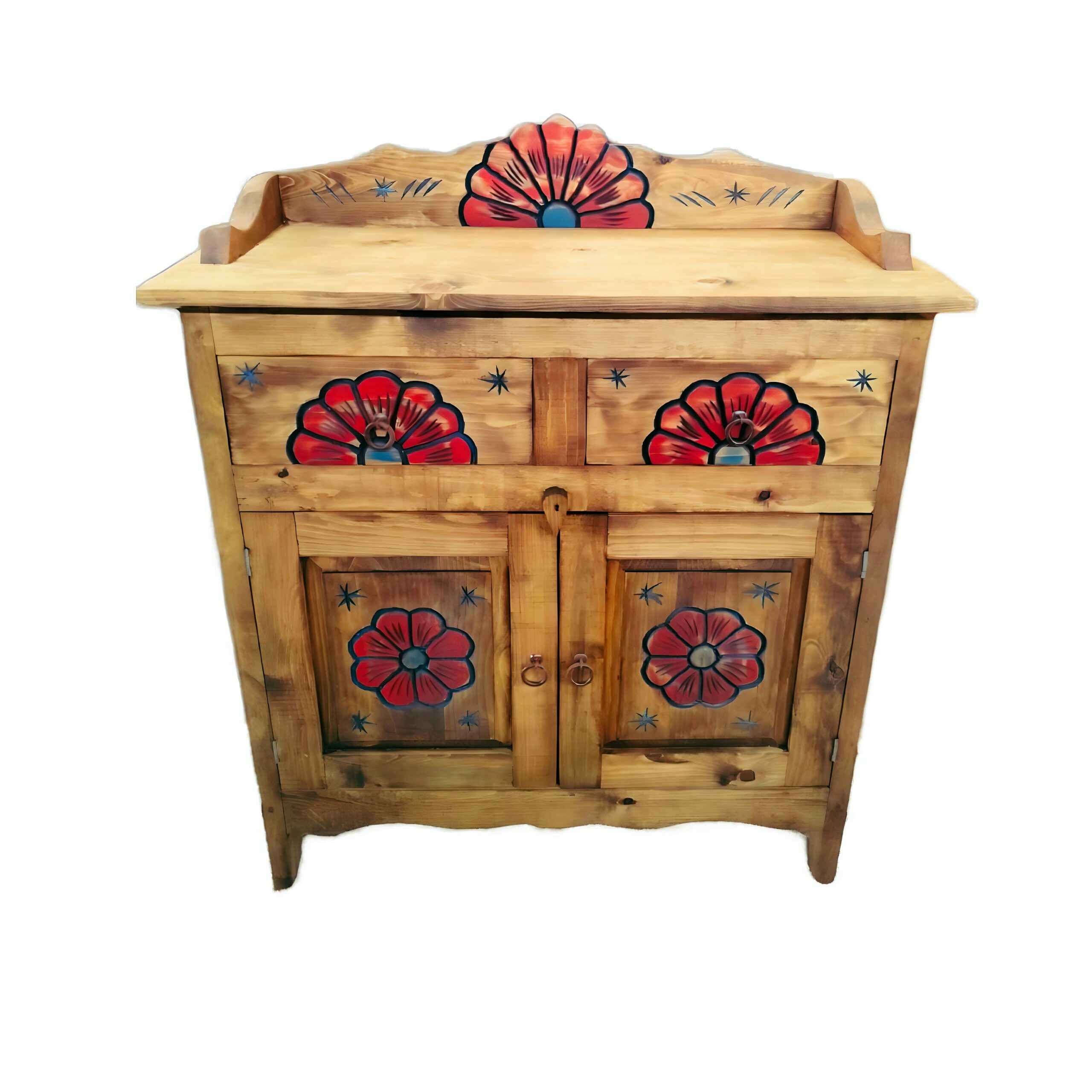 Natural rustic wood vanity with red floral carved door panels and antique-style hardware, handcrafted in Mexico.