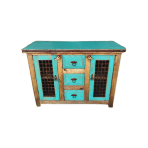 Turquoise rustic bathroom vanity with honey-stained frame, louver-style doors, and handcrafted solid wood construction.