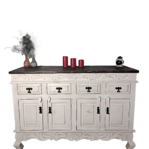 Large whitewash solid wood sideboard with detailed floral hand-carving, multiple drawers, and storage doors, handcrafted. (sideboard only, extra items not included)