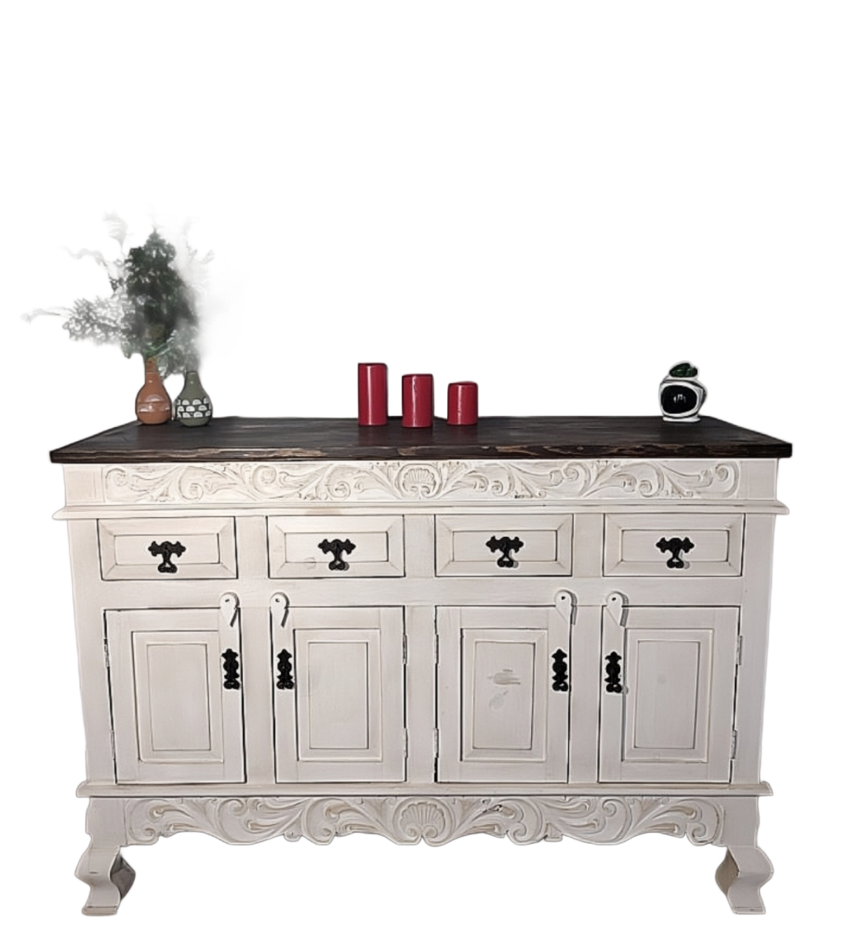 Large whitewash solid wood sideboard with detailed floral hand-carving, multiple drawers, and storage doors, handcrafted. (sideboard only, extra items not included)