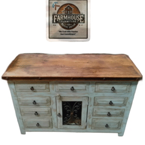 Whitewash farmhouse bathroom vanity with nine drawers and one center cabinet door, carved wood details, handcrafted.