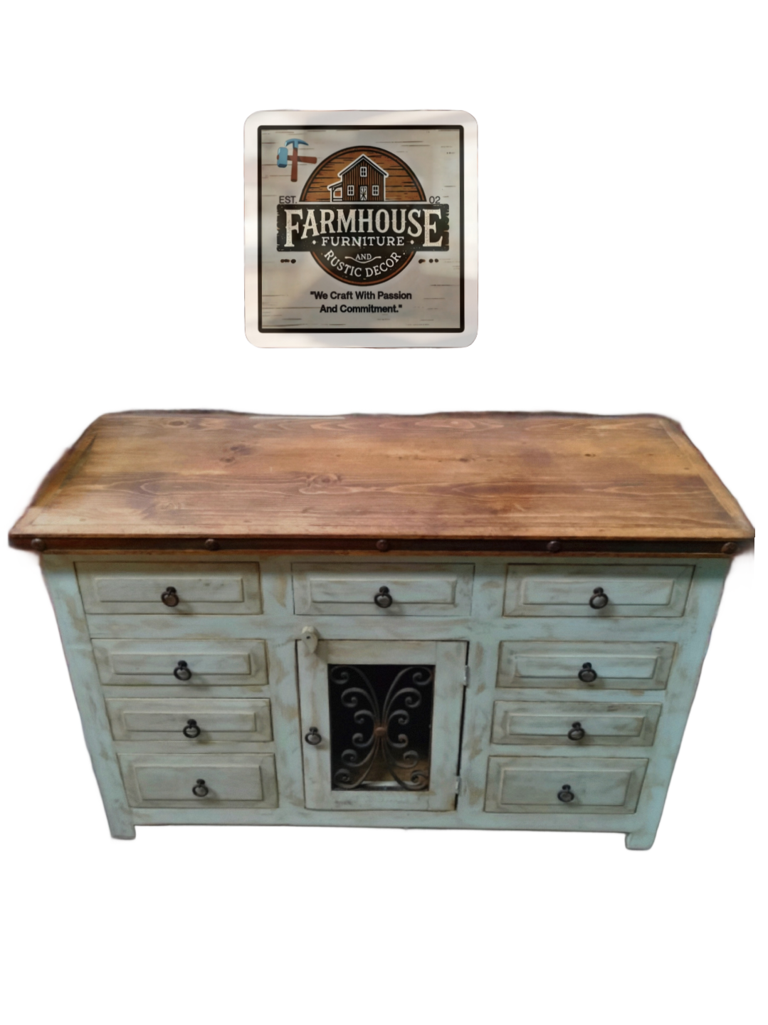 Whitewash farmhouse bathroom vanity with nine drawers and one center cabinet door, carved wood details, handcrafted.
