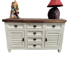 Whitewash farmhouse bathroom vanity with louvered doors, six drawers, and natural wood top, handcrafted solid wood.