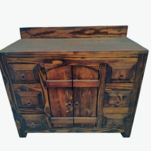 Rustic reclaimed barn wood bathroom vanity with dark oak stain, six drawers, two doors, and farmhouse styling, handmade.