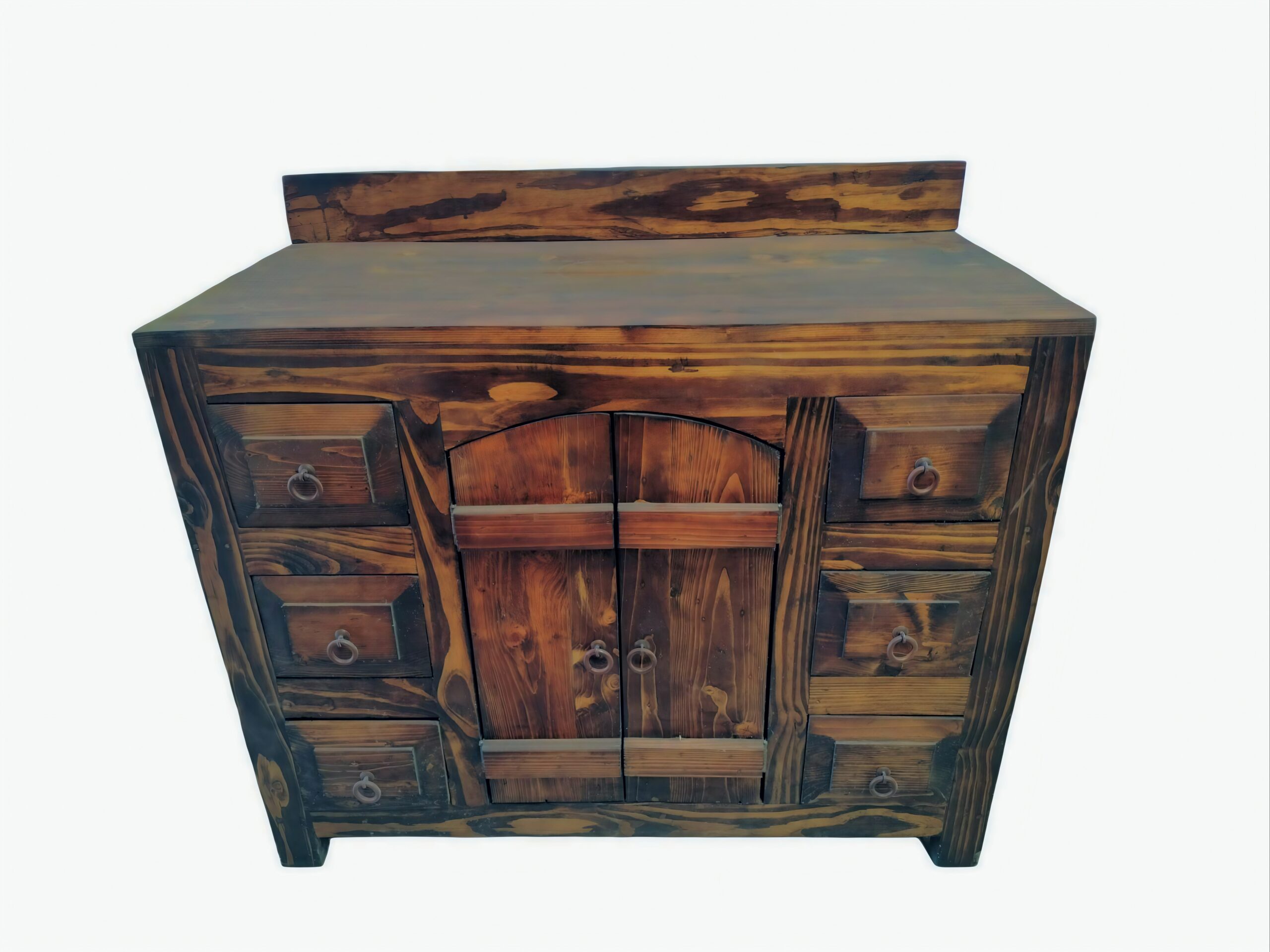 Rustic reclaimed barn wood bathroom vanity with dark oak stain, six drawers, two doors, and farmhouse styling, handmade.