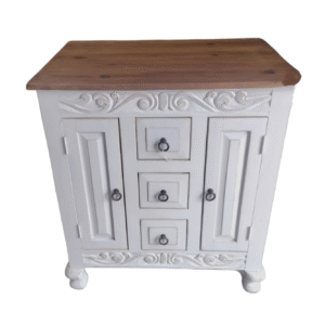 Whitewash rustic sideboard with hand-carved floral panels, two doors, and two drawers, solid wood handmade construction.