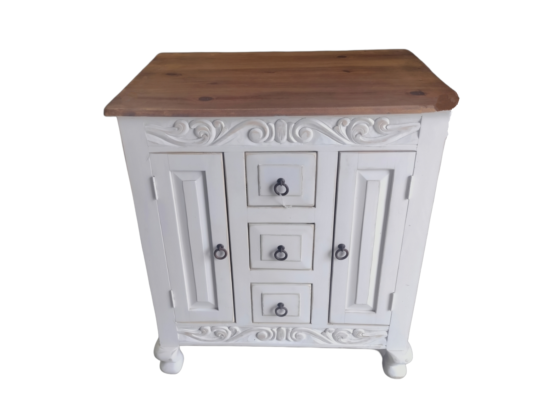Whitewash rustic sideboard with hand-carved floral panels, two doors, and two drawers, solid wood handmade construction.