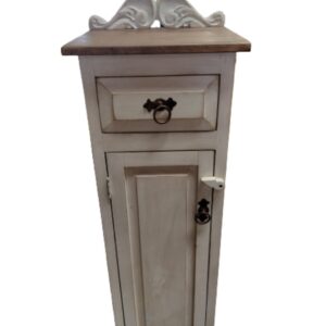 Rustic whitewash solid wood jelly cabinet with carved crown top, drawer, and storage door, handcrafted in Mexico.