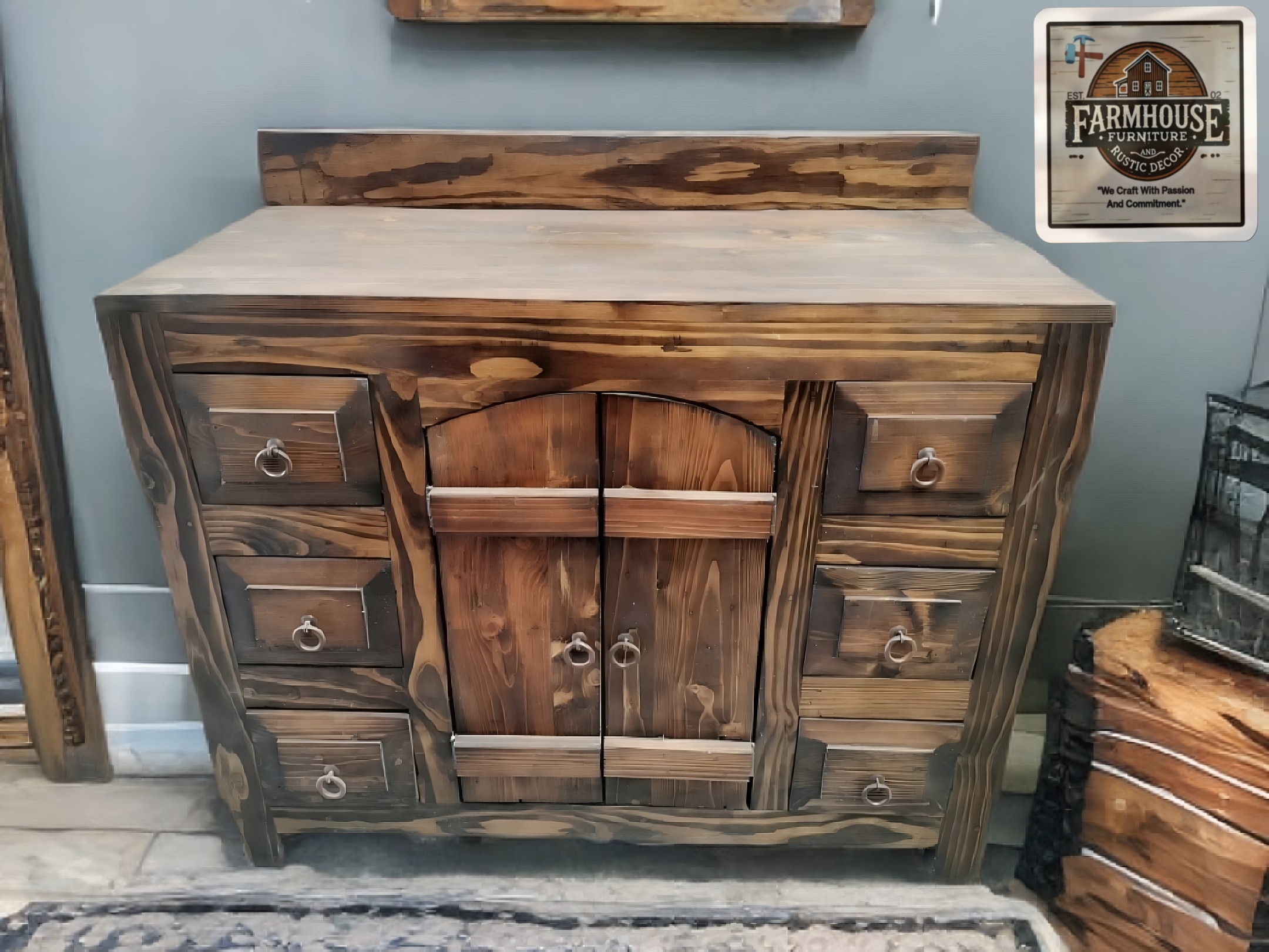 Reclaimed Barn Wood Vanity – Natural Dark Oak Stained Finish -6 Drawers & 2 Doors (40"L x 20"D x 32"H, 36"H including backsplash) Free Shipping - Image 5
