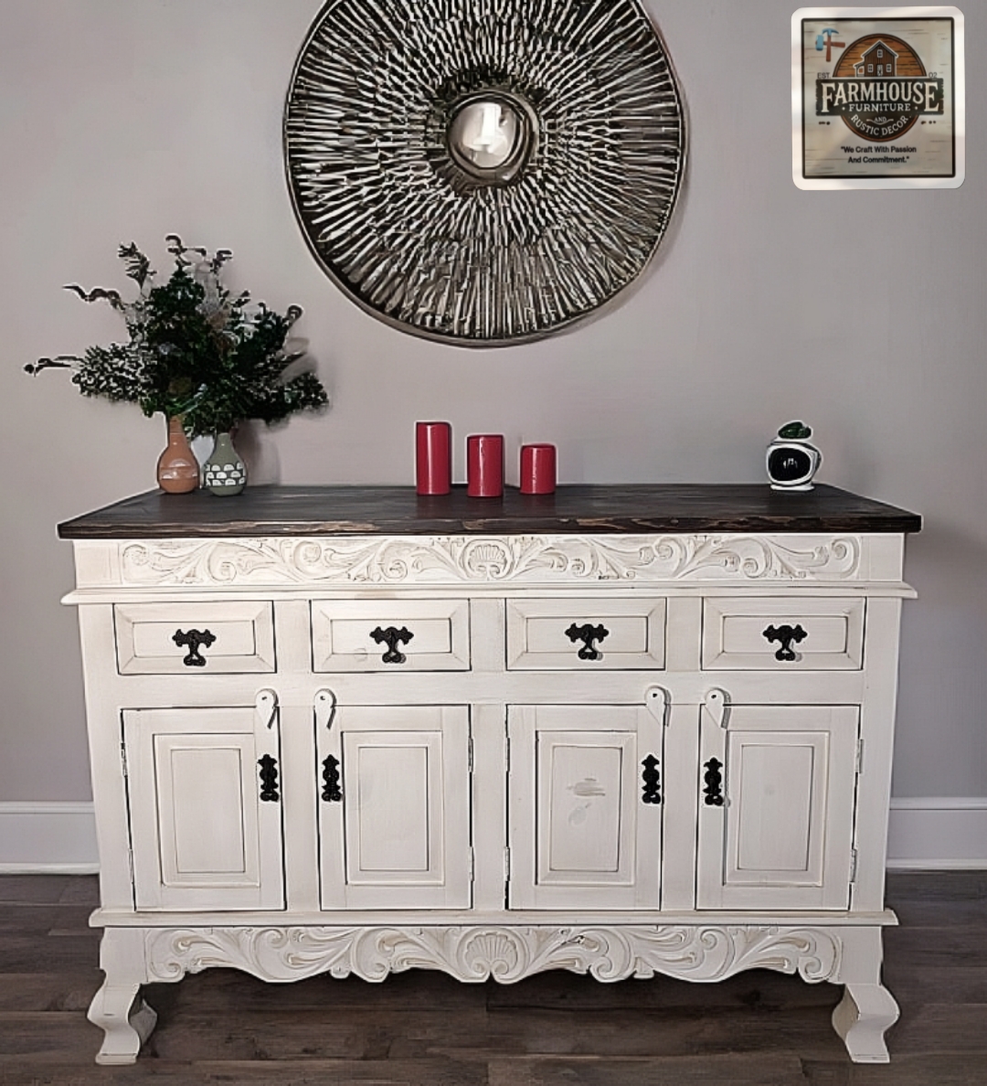 Whitewash Hand-Carved Floral Sideboard (60"L x 20"D x 42"H) Free shipping - Image 4