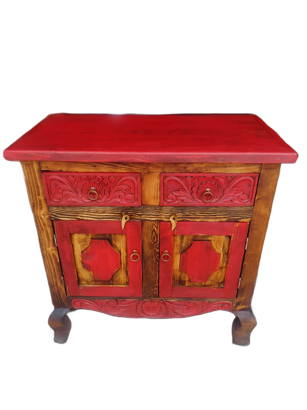 Hacienda Roja Red Hand-Carved Solid Wood Sideboard Buffet Cabinet Front View