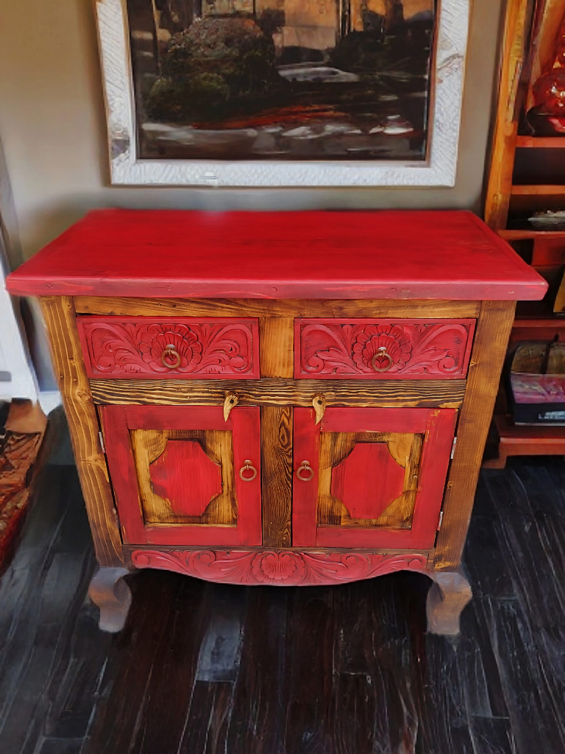 Hacienda Roja Red Solid Wood Sideboard Displayed in Rustic Farmhouse Room Setting