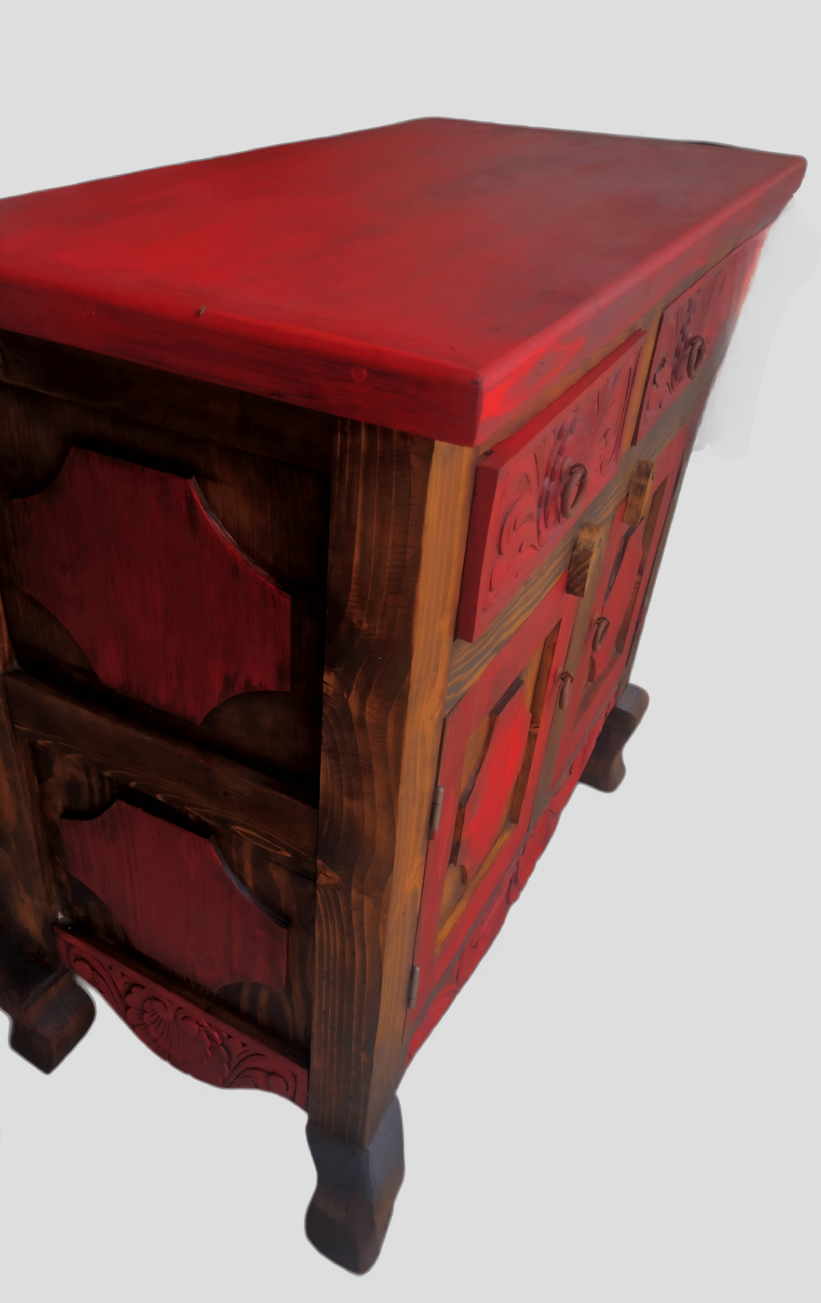 Side Angle Rustic Red Carved Wood Sideboard with Distressed Finish