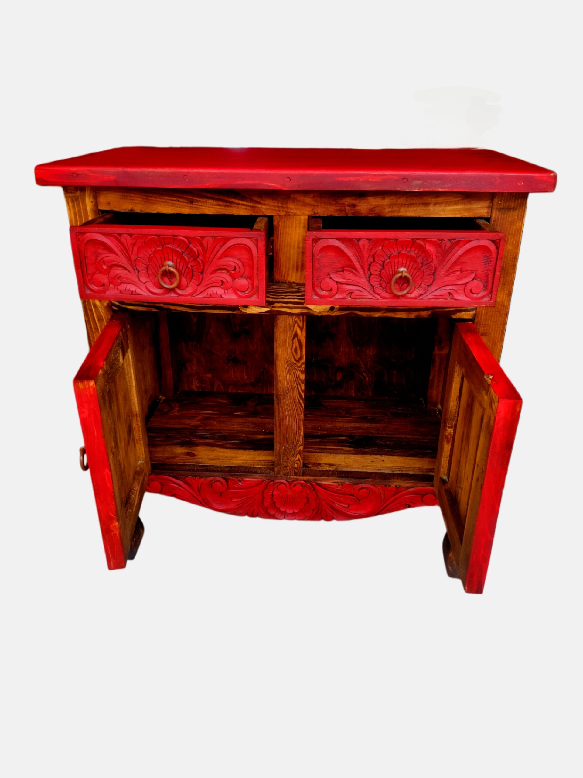 Red Hand-Carved Sideboard Buffet with Doors Open Interior Storage Shelves